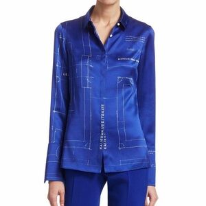 Akris Blueprint Draft Print Silk Satin Top Blouse Blue Stripe Lines Schematic 12